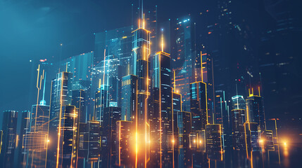 Fototapeta premium Futuristic cityscape skyline rendered in abstract digital form, glowing against a night sky.