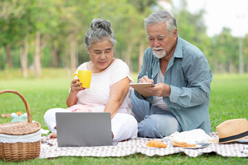 senior couple have a picnic and working with laptop computer in the park