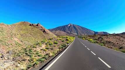 Scenic mountain road leading to volcano Pico del Teide, Mount El Teide National Park, Tenerife,...