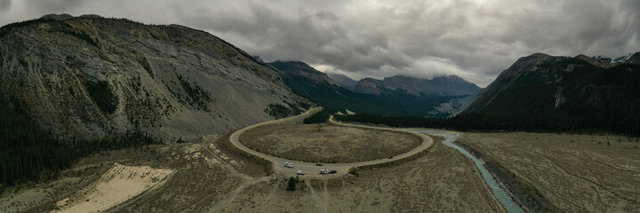 Panoramic aerial view of the curve at The Big Bend on the Icefield Parkway.