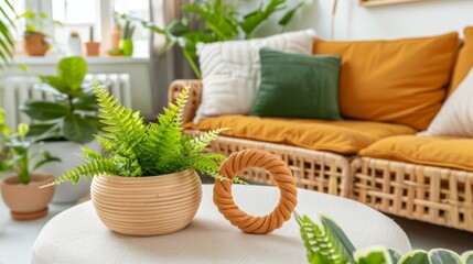   A potted plant atop a white table, adjacent to a couch, holds another green plant