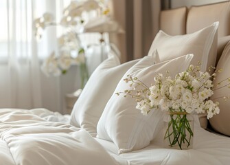 Fototapeta na wymiar Close up of white bed linen and beige pillows on luxury hotel room with flowers in a vase. Luxurious home interior design, closeup. 