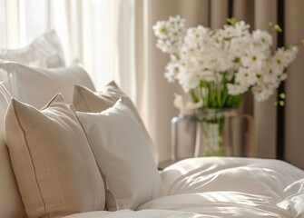  Close up of white bed linen and beige pillows on luxury hotel room with flowers in a vase. Luxurious home interior design, closeup. 