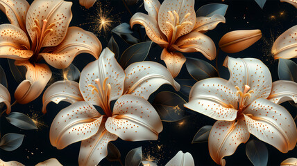 A seamless pattern. Vintage luxury and exquisite floral background adorned with golden lilies flowers. Perfect for adding a touch of romance to your designs.