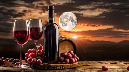 a red wine bottle and glasses arranged on an old wooden table, adorned with grapes, against the...