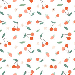 cute summer pattern with cherries and strawberries on a white background.