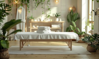 Beautiful spa composition on massage table in wellness center : Generative AI