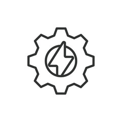 Energy gear, in line design. Energy gear, Power, Mechanism, Technology, Industrial, Renewable, Sustainable on white background vector. Energy gear editable stroke icon.
