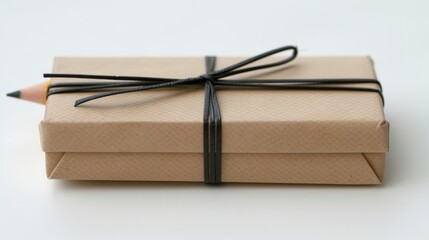   A present swathed in brown paper, adorned with a black ribbon, and topped with a pencil