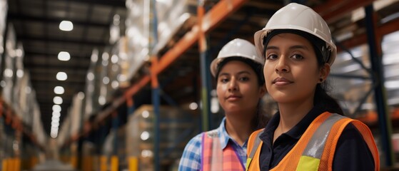 two young female hispanic warehouse workers looking at the camera wearing a hardhat and a reflective vest