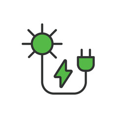 Sun energy, in line design, green. Sun energy, solar, renewable, power, sunlight, panel, on white background vector. Sun energy editable stroke icon.