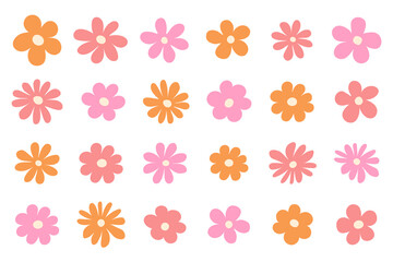 Hippy groovy daisy flowers set. Retro vintage style, hand drawn elements. 60s, 70s, icon flower, pastel colors,  Flat cartoon illustration.