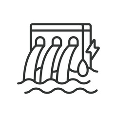 Hydroelectricity, in line design. Hydroelectricity, hydroelectric, power, water, energy on white background vector. Hydroelectricity editable stroke icon.