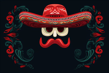 Red sombrero, sugar skull and mustache on black background. Festive banner with copy space. Cinco de mayo party poster. Dia de Los Muertos. Flat cartoon template design for Traditional Mexican culture