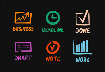Work, business-related hand drawn words and icons set. Business, deadline, done, draft, note, work lettering with marker, brush strokes doodle elements. Stickers, banners, badges, presentation vector 