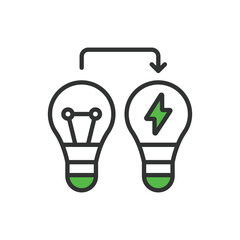 Energy efficient lamp, in line design, green. Energy, Efficient, Lamp, Light, Bulb, Illuminate, Lighting on white background vector. Energy efficient lamp editable stroke icon.