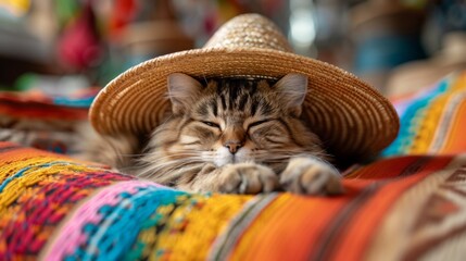 A cat in a huge sombrero, on a bright patterned serape.