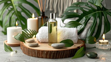 a spa setting featuring an essential oil bottle, candle, and white towel arranged on a wooden board amidst lush green leaves and hot stones, against a soothing light grey background.