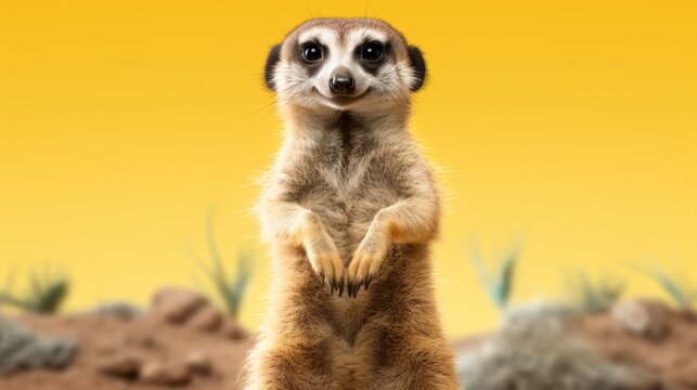 a meerkat standing  on yellow background. 