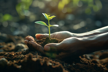 Human hand holding green seedling on soil background