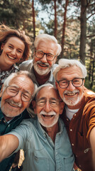 Obraz premium group of senior friends taking selfie with smartphone in forest during summer vacation