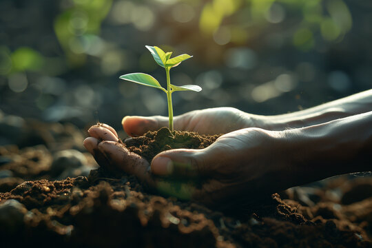 Human hand holding green seedling on soil background