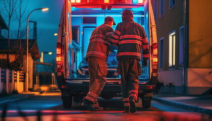 Paramedics loading injured person into ambulance van in the evening. Generative AI