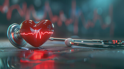 3d heart with heartbeat line and stethoscope on white background, - obrazy, fototapety, plakaty