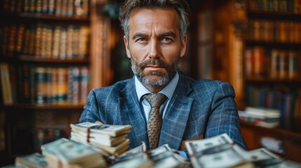 Successful Businessman Surrounded by Stacks of Money. Generative AI