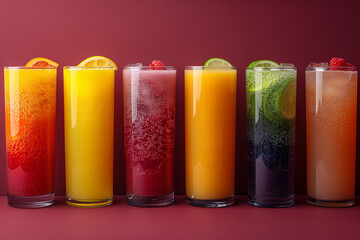 Variety of fresh fruit juices in glass cups, shot from above on a dark red background