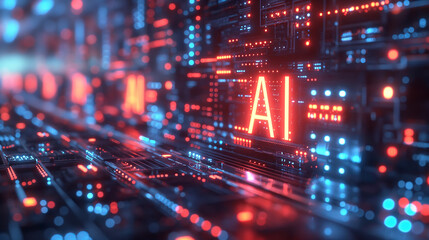 Obraz premium AI letters glow prominently on complex circuit board. Artificial Intelligence Concept