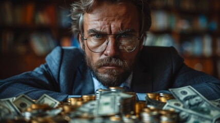 Man in Suit and Glasses Counting Stacks of Money at Table. Generative AI