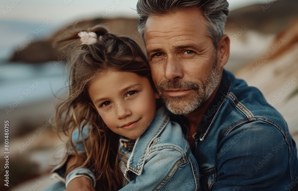 Canvas Prints A handsome man of about thirty in jeans and a shirt with gray hair hugs a girl about five years old with long brown straight hair, dressed in a denim jacket against the background of the beach