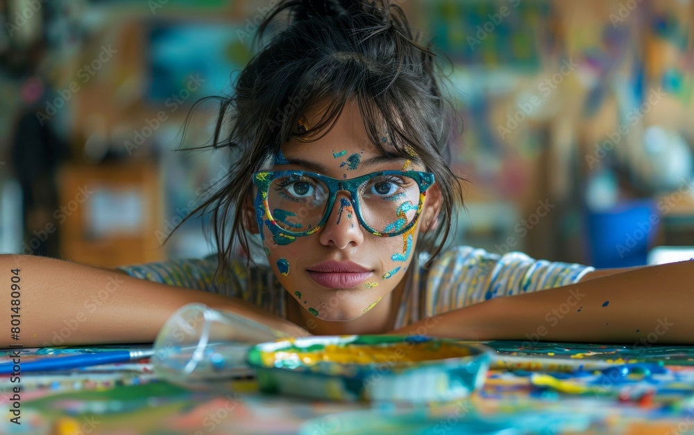 Sticker A young artist with glasses paints in her studio. face, glasses and clothes are painted, expression is cheerful.