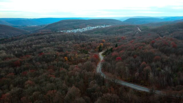 Aerial landscape of road and scenery in Fall around abandoned coal town Centralia Pennsylvania