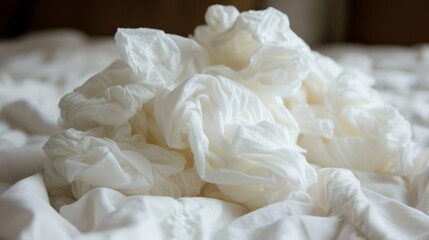   A mound of white ruffles atop a pristine white bedspread against a warm brown wall backdrop
