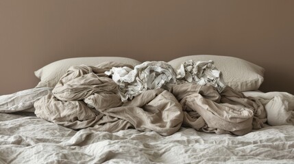   A bed topped with a pile of blankets, upon which rests a pile of clothes