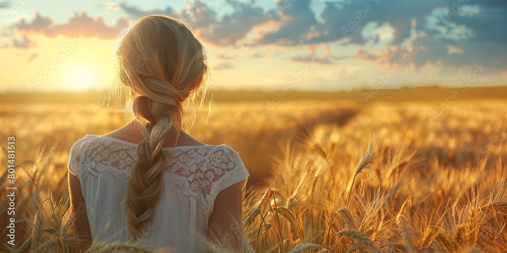 Wall mural Anonymous woman embracing nature in wheat field.