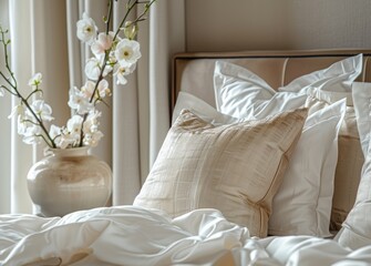  luxury bed with white silk sheets and beige pillows in a bedroom interior design, with a vase with flowers on the side, creating a cozy home decor scene. 