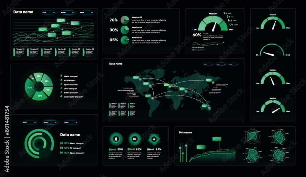 Poster a set of high-tech interface components. electronic panel display displays abstract graphics and inf