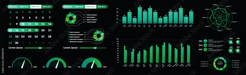 Poster a set of high-tech interface components. electronic panel display displays abstract graphics and inf