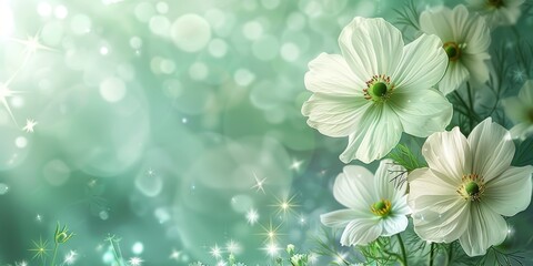 Close-up of white cosmos flowers with soft green background and sparkling light effects