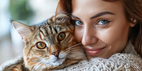 Portrait of a beautiful woman hugging a cat