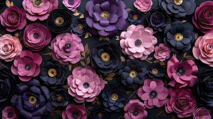   A zoomed-in image of numerous paper blooms against a dark backdrop, featuring golden and violet petals