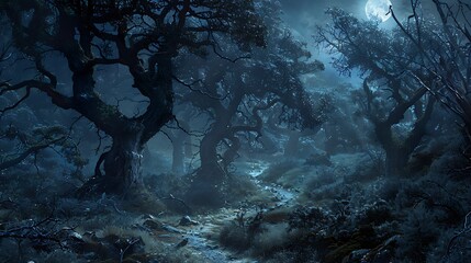 A winding path leads into a forest shrouded in darkness, where gnarled trees cast twisted shadows under the pale moonlight.