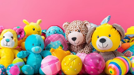   A collection of plush animals seated together on a wooden table before a pink wall