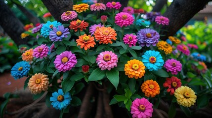  A close-up of several flowers in a planter against a background of trees - obrazy, fototapety, plakaty