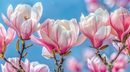   Pink and white blossoms on a treetop against a azure sky background