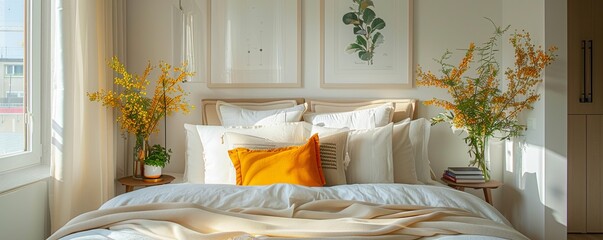 a small bedroom has a white and yellow decor and a white bed