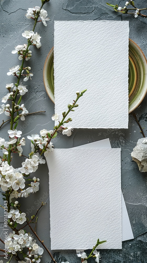 Poster two sheets of paper with a white background and a green plate with white flowers. the paper is place